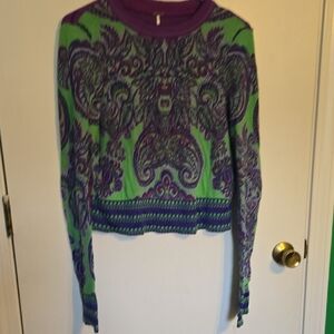 Free People Purple and Green Paisley Long Sleeve Top